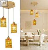 Set of three warm-toned woven rattan boho lamp pendant lights with brass accents hanging ceiling light fixture