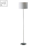 Modern chrome floor lamp with wide round base and cream cylindrical shade perfect for stylish living spaces