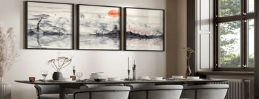 Three framed posters featuring minimalist landscape wall art prints with orange sun for living room decor