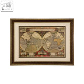 Framed world map wall art with antique-style map in a gold-toned brown frame and cream matting for home decor