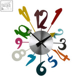 Franci multi colour wall clock with a silver face, tapered black hands, and colorful funky numbers in multiple hues