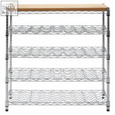 Silver wire-wrapped 4 tier wine rack with chrome coating and light wood top perfect for stylish wine storage