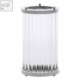 Franklin large silver glass candle holder with chrome finish, vertical glass panels, and decorative leaf motifs at base