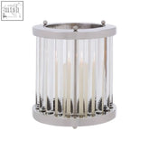 Small silver franklin glass candle holder with clear glass rods and polished metal frame cylindrical design