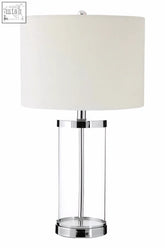 Clear cylindrical glass franklyn glass table lamp base with chrome accents and cream shade for any room decor