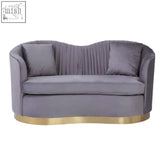 Franza grey 2 seat pleated velvet sofa in gray with gold-tone base and two matching pillows in pleated velvet upholstery