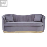 Franza grey 3 seat pleated velvet sofa with sleek curved silhouette in modern gray velvet and gold-tone base