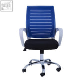 Fredrick blue home office chair with blue mesh back, black padded seat, and chrome base ideal for home office use