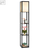 Black metal shelf floor lamp with rectangular beige shade and four open shelves freestanding for storage