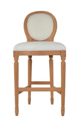 Light wood hand made french oval bar stool with round back and off-white upholstered seat