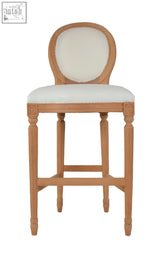 Light wood hand made french oval bar stool with round back and off-white upholstered seat