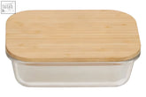 Rectangular freska 640ml glass container with a light brown bamboo lid for food storage and freshness