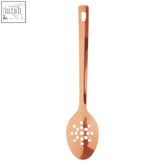 Freya rose gold finish slotted spoon with copper color and sleek reflective gold finish featuring circular holes