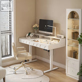 White smart standing office desk with electric height adjustable carbon steel frame and integrated storage compartments