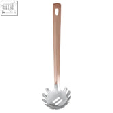 Freya stainless steel spaghetti spoon with rose gold finish handle and perforated bowl for easy pasta serving