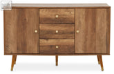Frida wood veneer sideboard with natural wood grain finish, three drawers, two doors, and round brass knobs