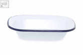 White enamel rectangular pie dish with dark blue rim perfect for baking pies from scratch 18cm size