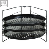 Black three tier non stick pizza rack with trays and wireframe stand to hold three pizzas and encourage even baking