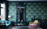 The frond art deco wallpaper features a teal and white fan motif creating a bold deco wallpaper statement