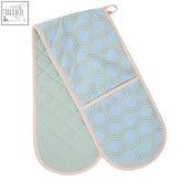 Light blue and mint green quilted frosted deco double oven glove with subtle hex pattern and soft pink trim