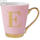 Frosted deco pink ceramic mug with a gold letter e and gold trim on handle and base perfect for daily use