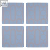 Set of four frosted deco blue coasters with a subtle geometric pattern in muted rose gold for stylish table use