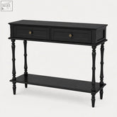 Black furniture100 console table with 2 drawers and shelf featuring turned legs and brass ring handles for narrow spaces