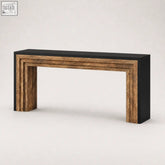 Modern console table with sleek black top and rustic textured wood frame from furniture100 industrial rustic wood collection