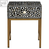 Fusion single drawer side table with black and white bone inlay and gold-tone legs for stylish storage