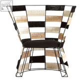 Fusion beige and black and white woven chair with black metal frame and padded dark fabric seat in checkered pattern