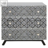 Black and white geometric fusion pearl chest with 3 drawers and bone pulls made from black mango wood