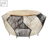 Geometric hexagon coffee table with light wood top and black-and-white silver woven hexagon rope sides