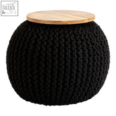 Fusion black knitted pouffe with a black knitted body and a round sustainable mango wood lid for stylish storage