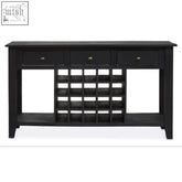 Black mango wood console table with three drawers and built-in wine storage for stylish organization