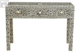 Black and white bone inlay desk with 3 drawers featuring intricate floral patterns on tabletop legs and drawers