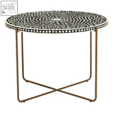 Fusion bone inlay round coffee table with black and white mosaic inlay and brass legs perfect for living rooms