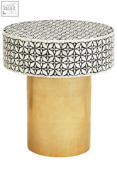 Fusion bone inlay round side table with black and white geometric top and gold base for stylish accents