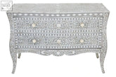 Fusion chest of 2 drawers with silver bone pearl inlay and intricate diamond floral patterns in soft grey resin