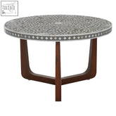 Fusion mother of pearl design round coffee table with gray white mosaic top and dark wood legs perfect for living rooms