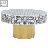 Fusion round bone inlay coffee table with black and white geometric top and solid gold-toned base