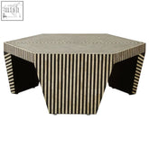 Hexagonal fusion striped bone inlay coffee table with black and beige pattern crafted from bone or resin material