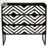 Black and white geometric patterned fusion three drawer chest with bone inlay and three drawers for storage