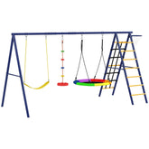 AIYAPLAY 6 in 1 Metal Kids Swing Set with 3 Swings, Climbing Ladder & Net, Basketball Hoop, for Ages 3-8