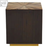 Dark wood ebony bamboo square side table with sunburst pattern top and gold tone metal feet perfect for living rooms