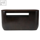 Dark brown oval ebony bamboo console table with sleek modern design and a central rectangular cutout