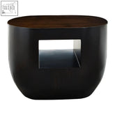 Black lacquered gabelle oval ebony bamboo side table with dark wood top and rectangular glass panel