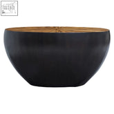 Black matte-finished ebony console table with a light wood top featuring a radial grain pattern for stylish use