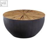 Black ceramic coffee table with a sunburst patterned wooden top for the gabo small round ebony coffee table
