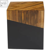 Modern cube-shaped gabor side table with warm zebrawood top and compact accent ebony base in matte black finish