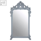 Gabrieli grey wall mirror with ornate light grey painted frame featuring intricate carvings and scrollwork